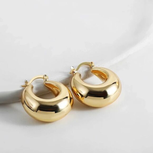Golden Small Chunky Round Hoop Earrings - Picture 1 of 2